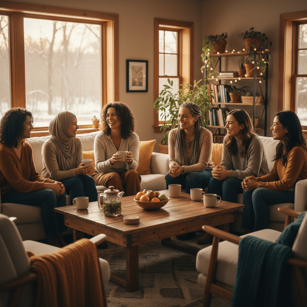 Women smiling together at community gathering