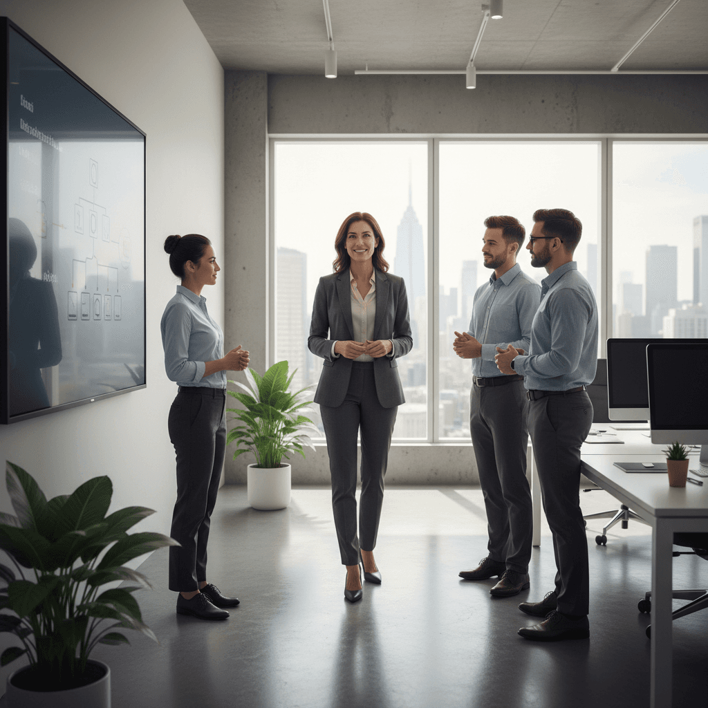 Professional woman at work in modern office environment demonstrating leadership and confidence