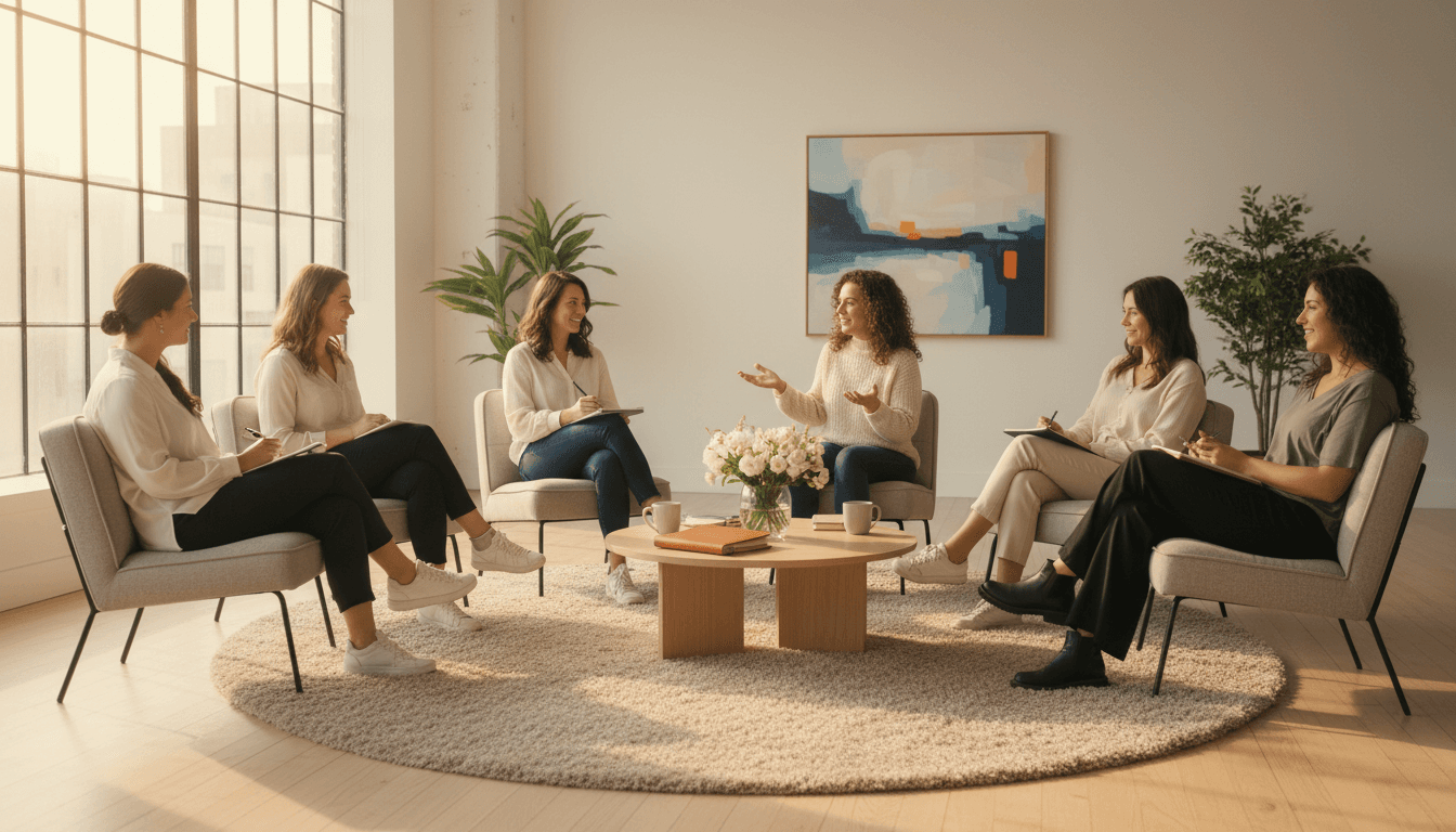 Women in a supportive group coaching session focused on personal growth and empowerment