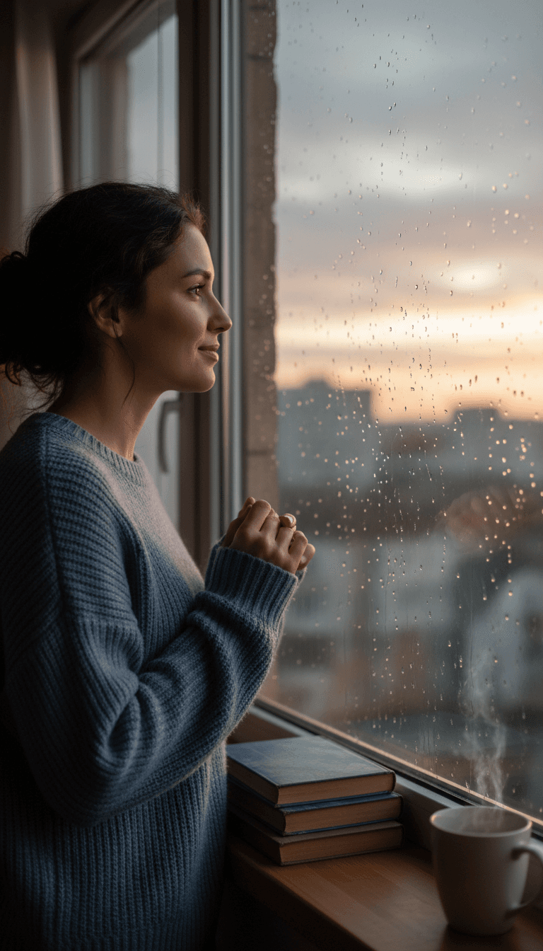 Woman reflecting on her journey of healing and growth