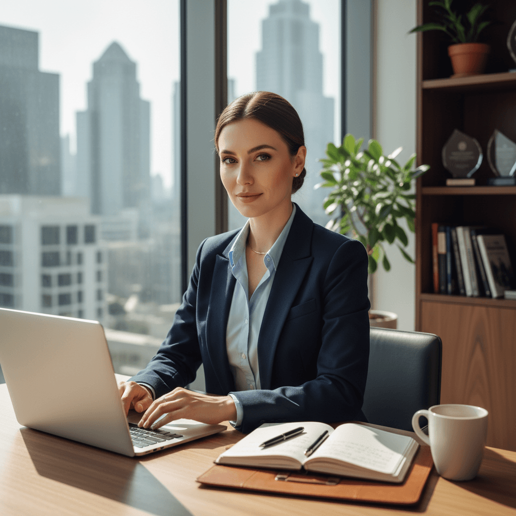 Woman confidently working at her desk
