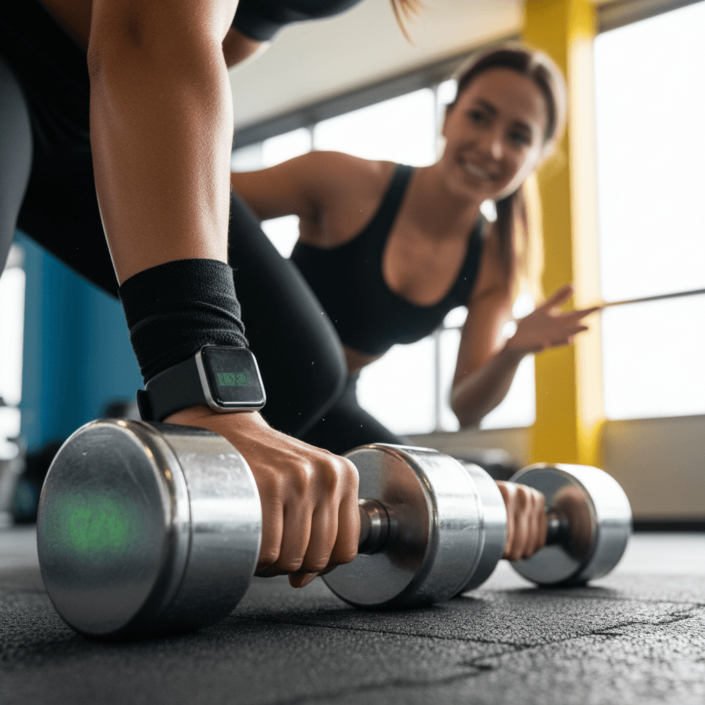 Close-up of determined female client's hands gripping dumbbells during strength training with supportive trainer visible and blurred in background