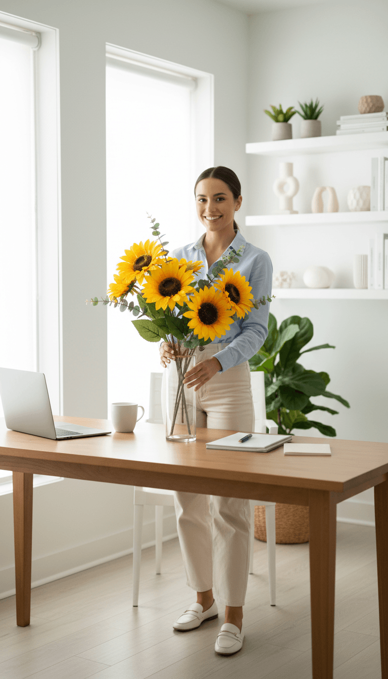 Professional woman arranging sunflower bouquet in glass vase at bright home office desk with laptop