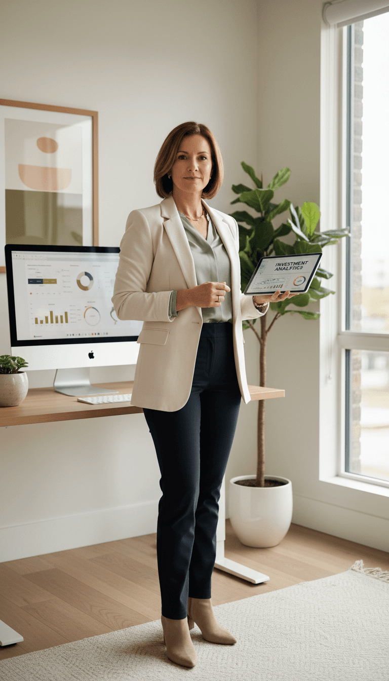 Woman in professional setting looking confident and empowered at desk with warm natural lighting