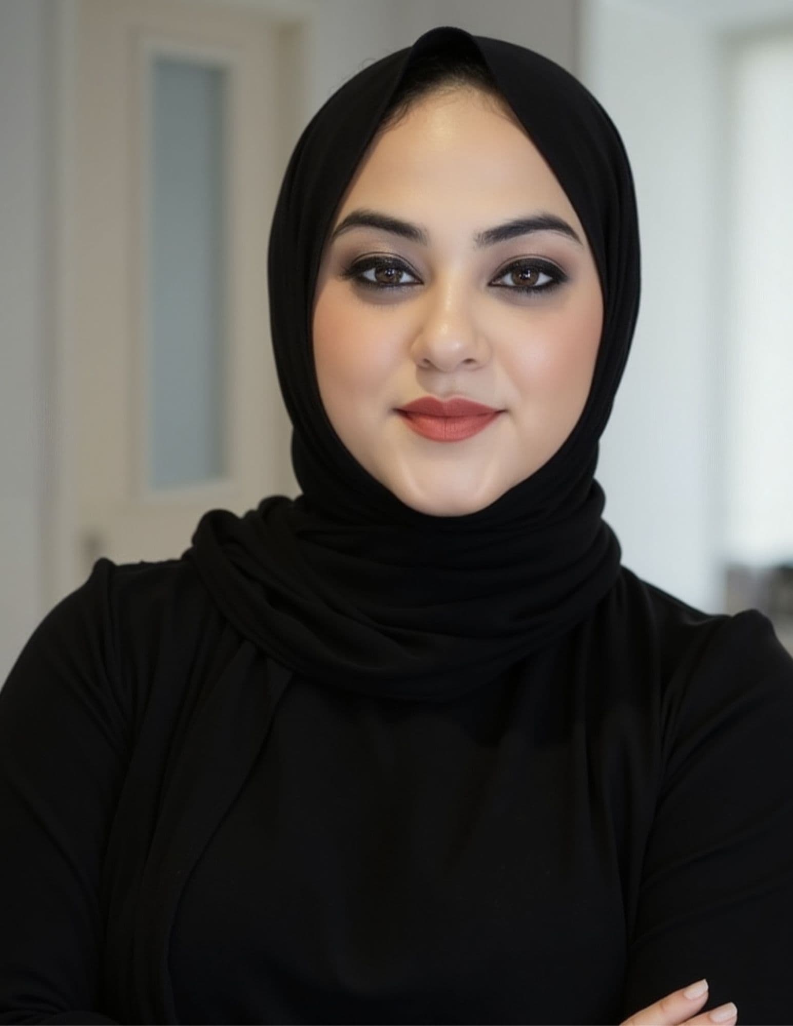 Woman in a black hijab with smokey eye makeup and matte lipstick, looking forward.