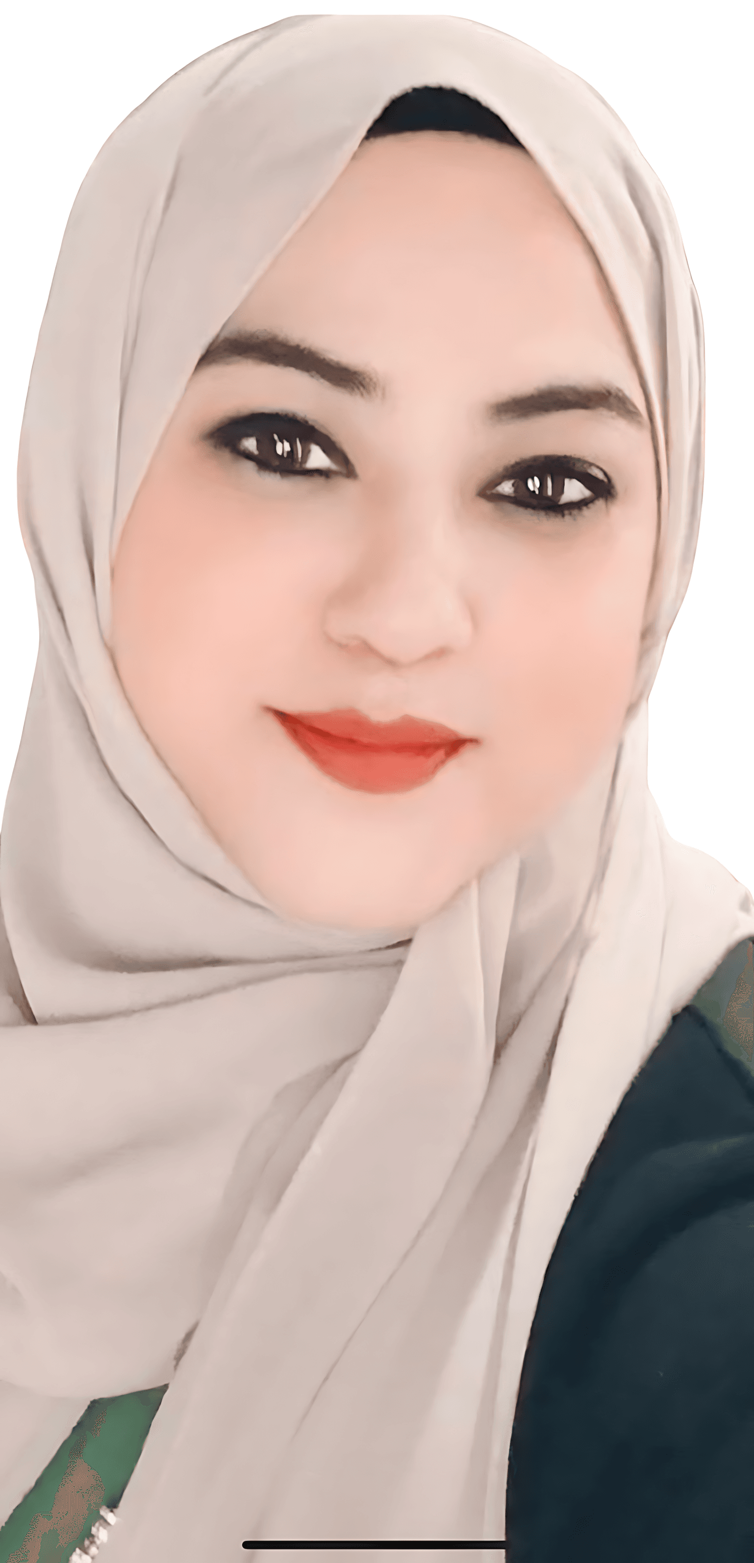 Close-up portrait of a woman in a light-colored hijab with bold eyeliner and orange-red lipstick.
