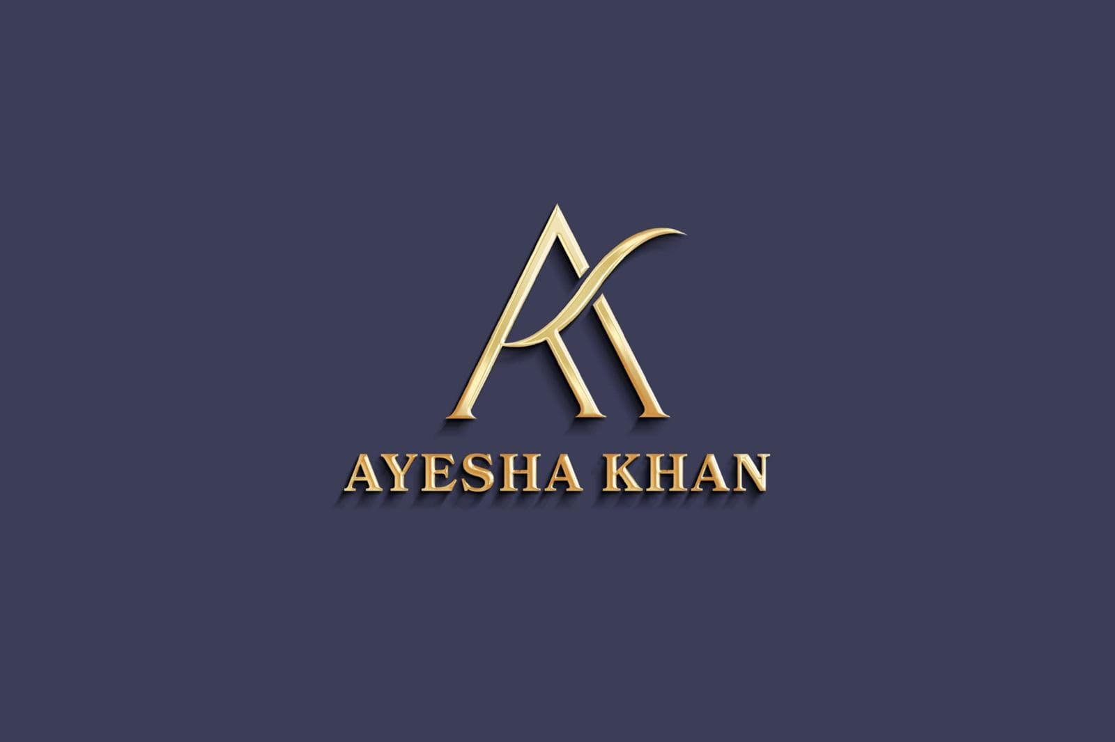 Metallic gold AK monogram and the name Ayesha Khan on a dark blue background.