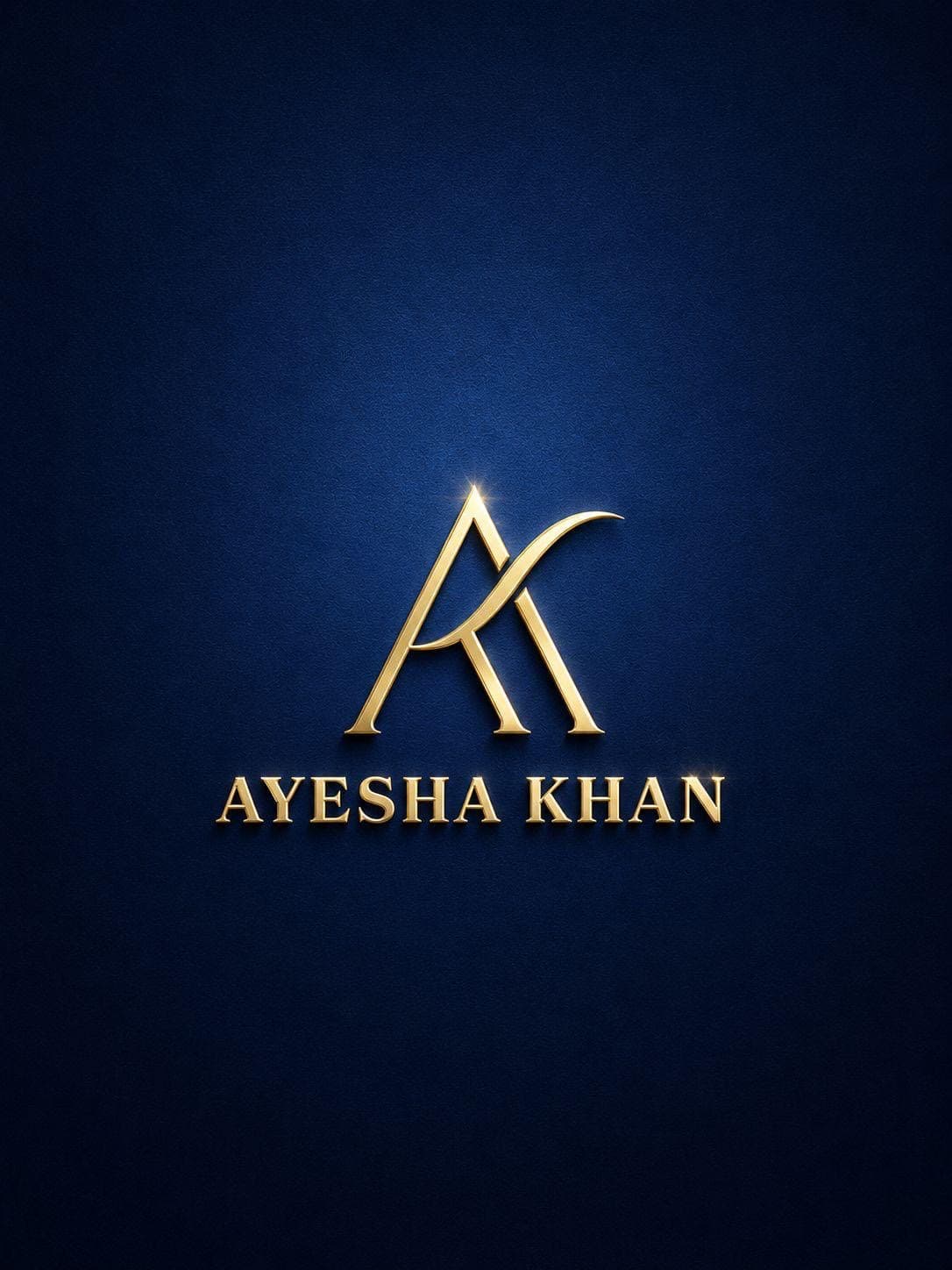 Gold 'AK' monogram above the name 'AYESHA KHAN' on a textured dark blue background.